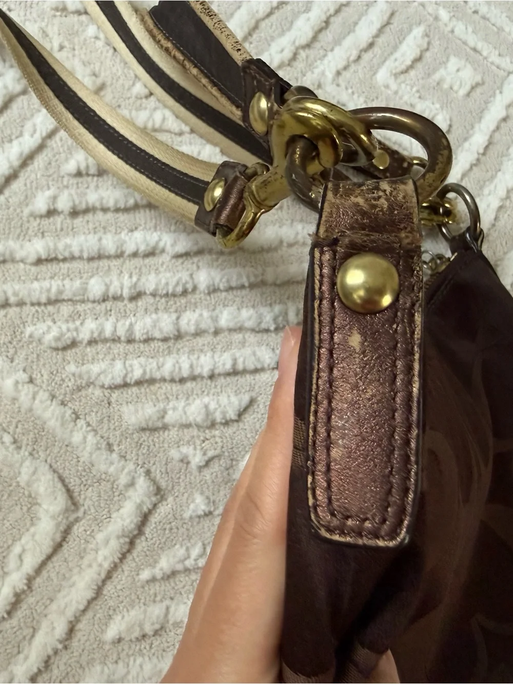Vintage Y2K Coach Brown Signature Monogram Shoulder Bag with Beige Strap